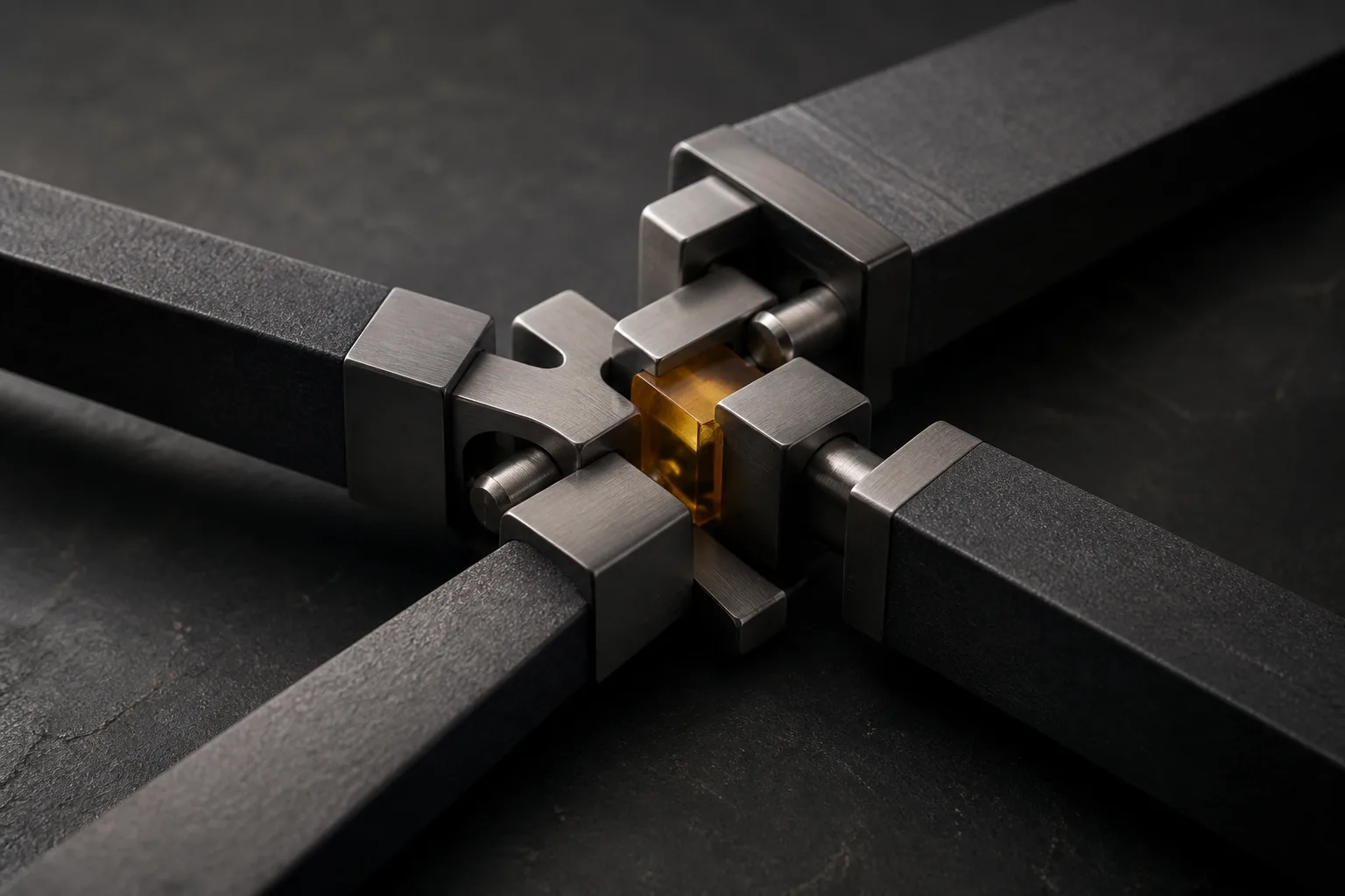 Several precision components connected around a shared amber joint